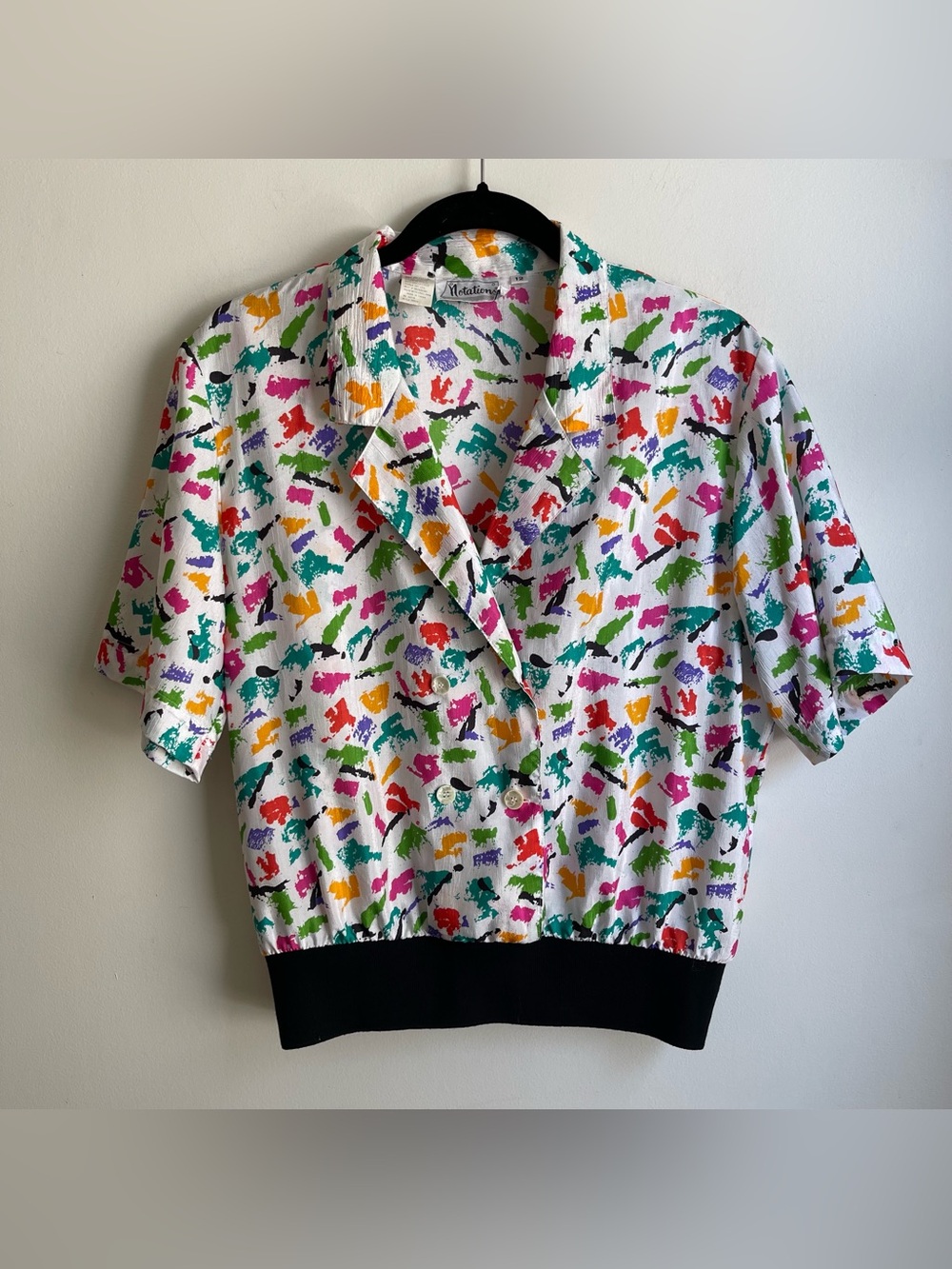 Vintage 80s  Notations Short Sleeve Blouse Colorful Graphic 12 Medium